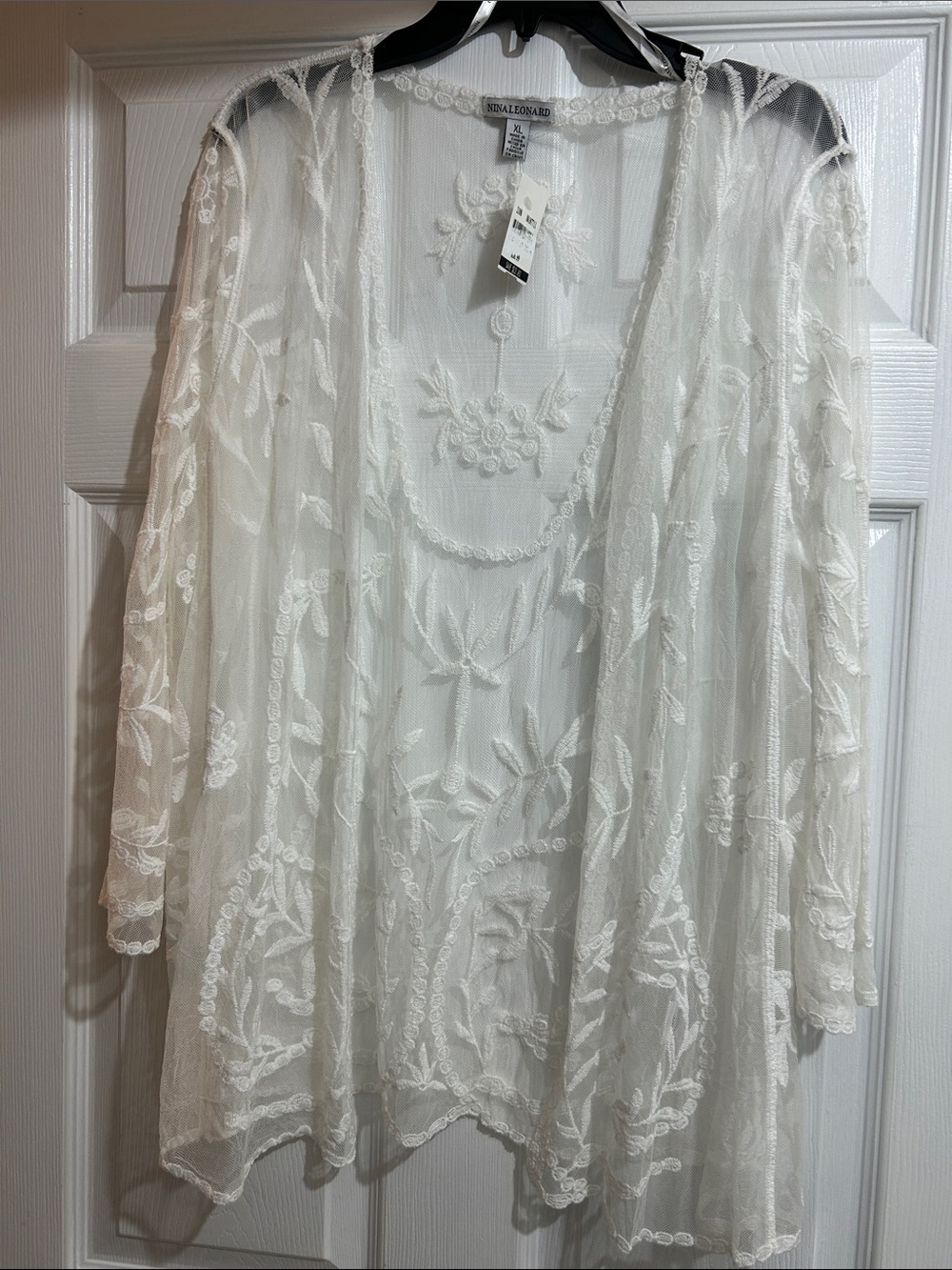 Nina Leonard White Sheer Embroidered Lace Kimono Tunic